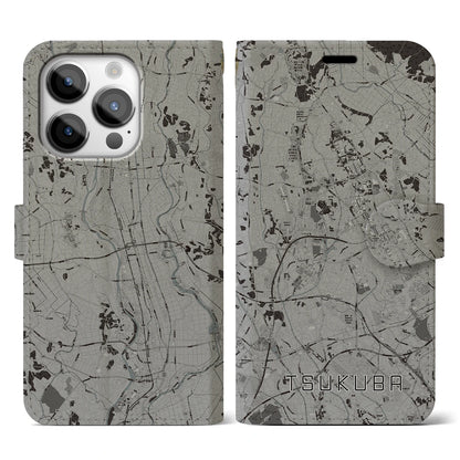 【つくば（茨城県）】地図柄iPhoneケース（手帳タイプ）モノトーン・iPhone 14 Pro 用