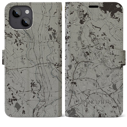 【つくば（茨城県）】地図柄iPhoneケース（手帳タイプ）モノトーン・iPhone 14 Plus 用