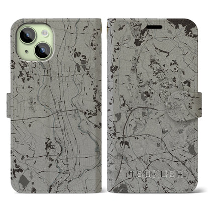 【つくば（茨城県）】地図柄iPhoneケース（手帳タイプ）モノトーン・iPhone 15 用