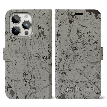 【つくば（茨城県）】地図柄iPhoneケース（手帳タイプ）モノトーン・iPhone 15 Pro 用