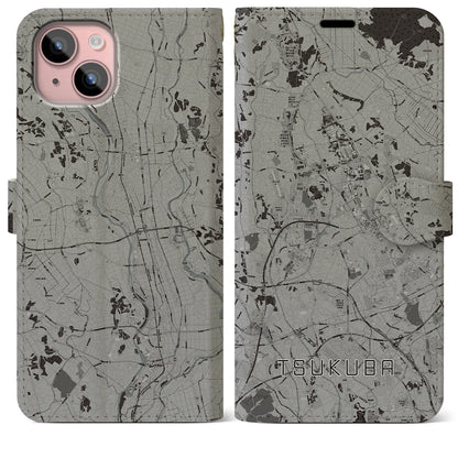 【つくば（茨城県）】地図柄iPhoneケース（手帳タイプ）モノトーン・iPhone 15 Plus 用
