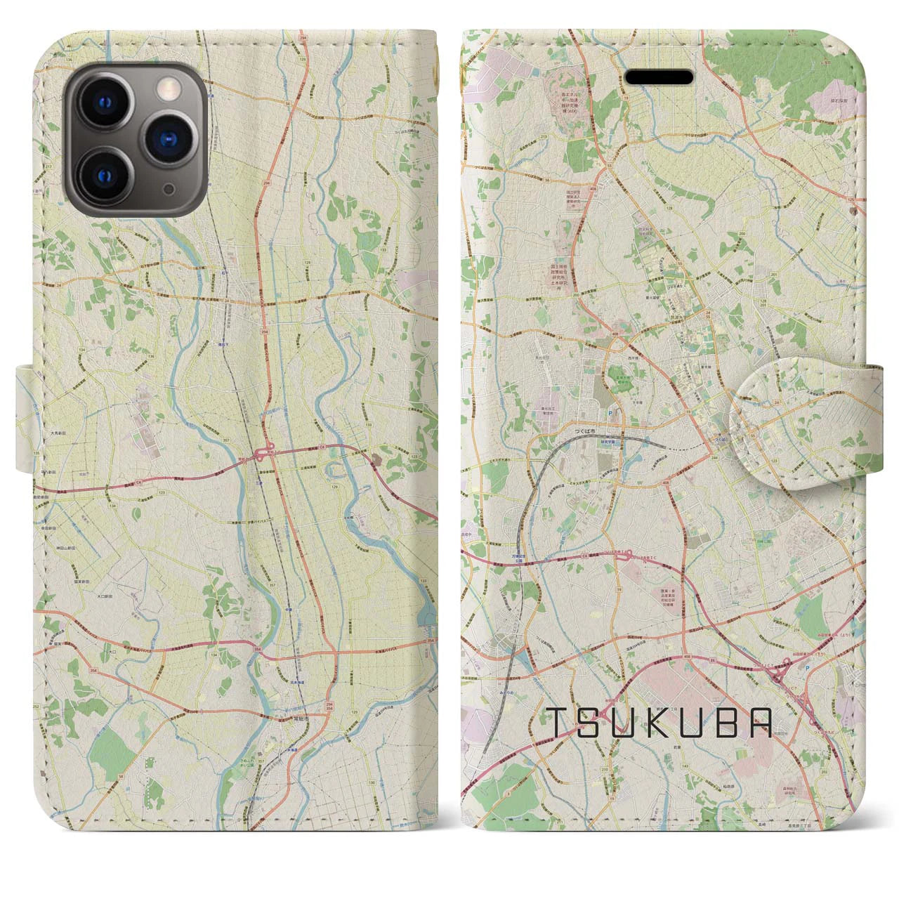 【つくば】地図柄iPhoneケース（手帳両面タイプ・ナチュラル）iPhone 11 Pro Max 用