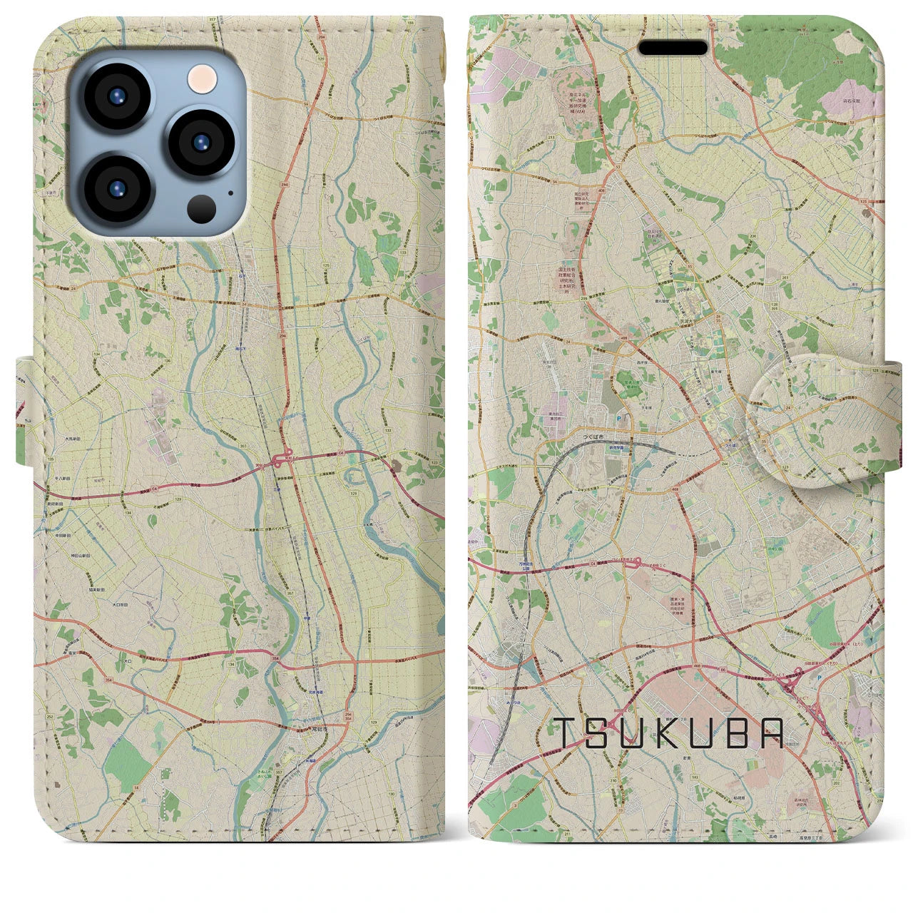 【つくば】地図柄iPhoneケース（手帳両面タイプ・ナチュラル）iPhone 13 Pro Max 用