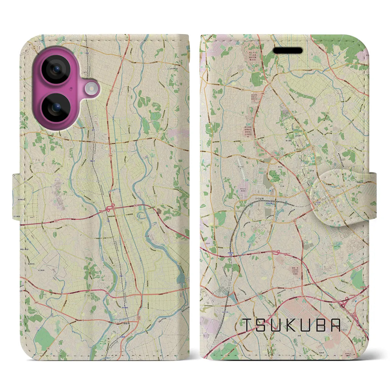 【つくば（茨城県）】地図柄iPhoneケース（手帳タイプ）ナチュラル・iPhone 16 Pro 用