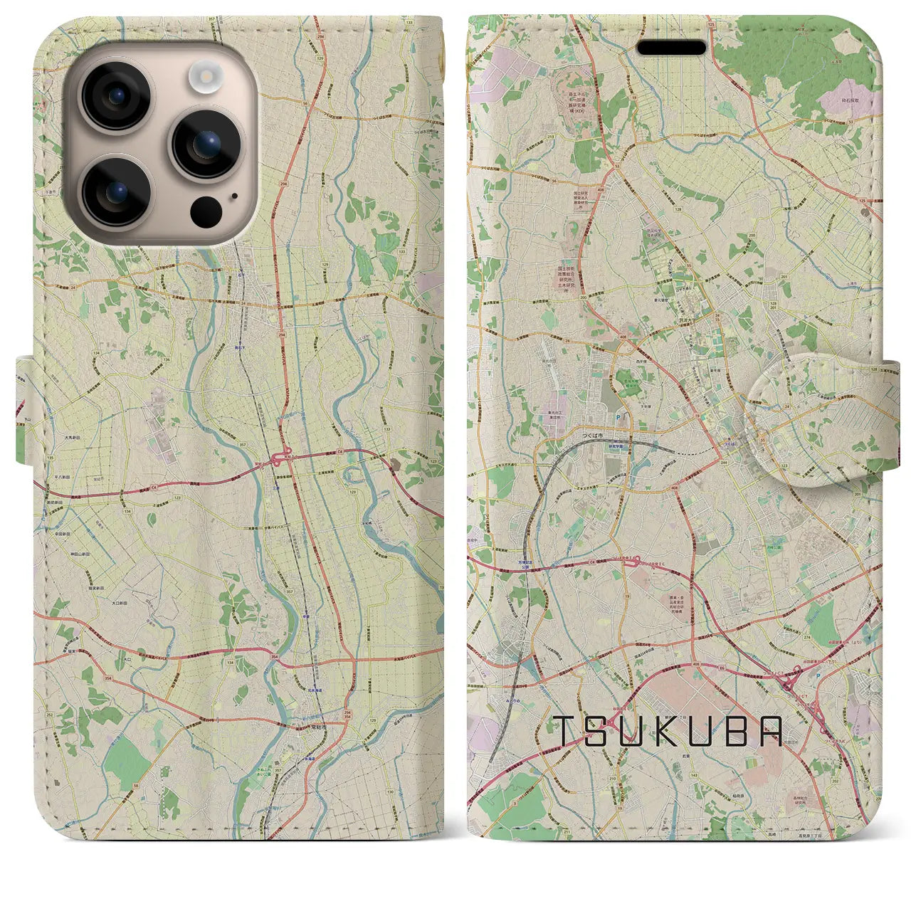 【つくば（茨城県）】地図柄iPhoneケース（手帳タイプ）ナチュラル・iPhone 16 Plus 用