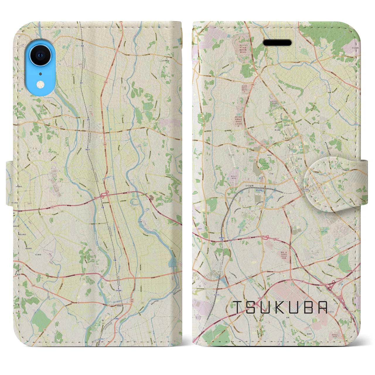 【つくば】地図柄iPhoneケース（手帳両面タイプ・ナチュラル）iPhone XR 用