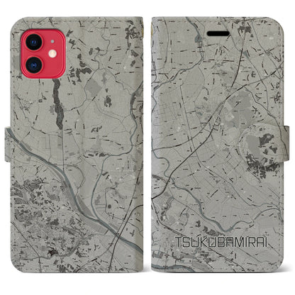 【つくばみらい（茨城県）】地図柄iPhoneケース（手帳タイプ）モノトーン・iPhone 11 用