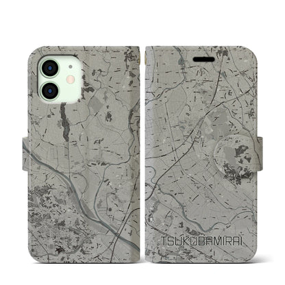 【つくばみらい（茨城県）】地図柄iPhoneケース（手帳タイプ）モノトーン・iPhone 12 mini 用