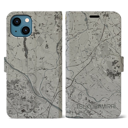 【つくばみらい（茨城県）】地図柄iPhoneケース（手帳タイプ）モノトーン・iPhone 13 用