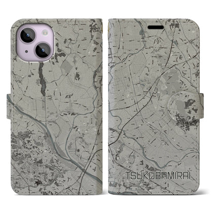 【つくばみらい（茨城県）】地図柄iPhoneケース（手帳タイプ）モノトーン・iPhone 14 用