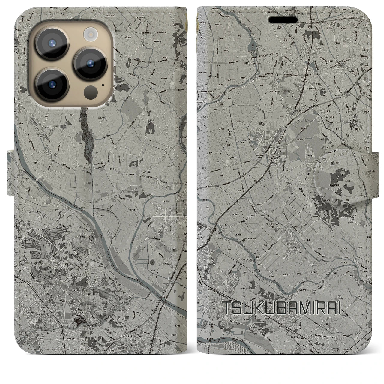 【つくばみらい】地図柄iPhoneケース（手帳両面タイプ・モノトーン）iPhone 14 Pro Max 用