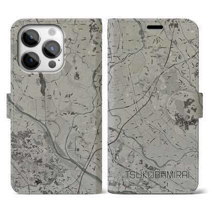 【つくばみらい（茨城県）】地図柄iPhoneケース（手帳タイプ）モノトーン・iPhone 14 Pro 用