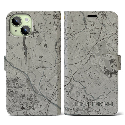 【つくばみらい（茨城県）】地図柄iPhoneケース（手帳タイプ）モノトーン・iPhone 15 用