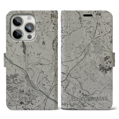 【つくばみらい（茨城県）】地図柄iPhoneケース（手帳タイプ）モノトーン・iPhone 15 Pro 用