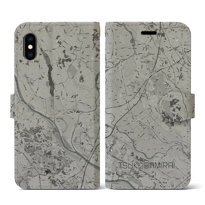 【つくばみらい（茨城県）】地図柄iPhoneケース（手帳タイプ）モノトーン・iPhone XS / X 用