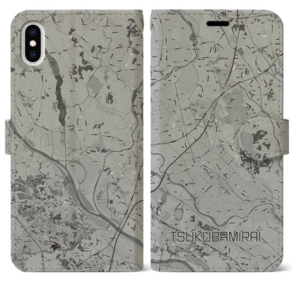 【つくばみらい（茨城県）】地図柄iPhoneケース（手帳タイプ）モノトーン・iPhone XS Max 用