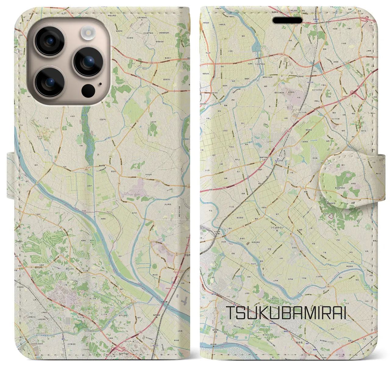 【つくばみらい（茨城県）】地図柄iPhoneケース（手帳タイプ）ナチュラル・iPhone 16 Plus 用