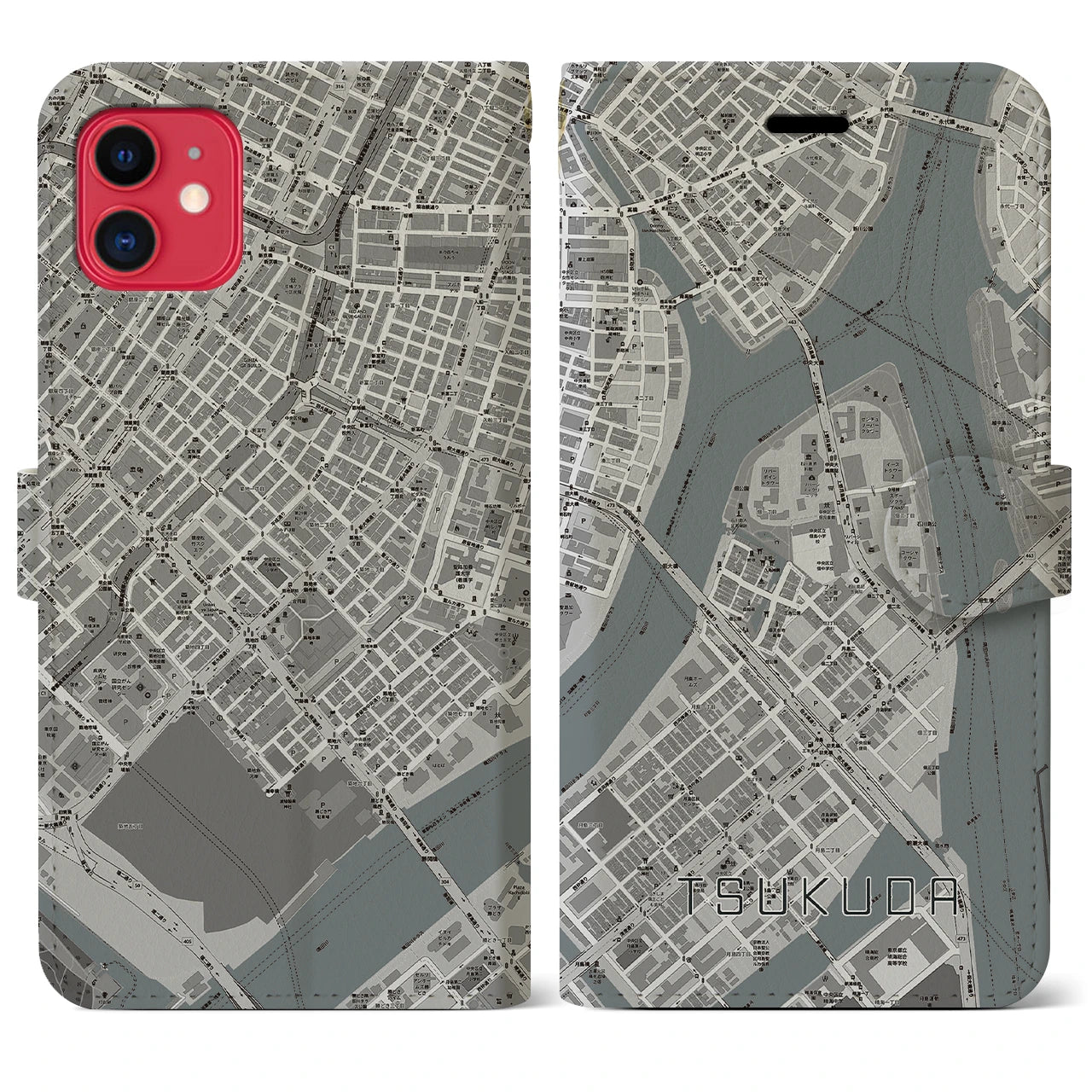 【佃】地図柄iPhoneケース（手帳両面タイプ・モノトーン）iPhone 11 用