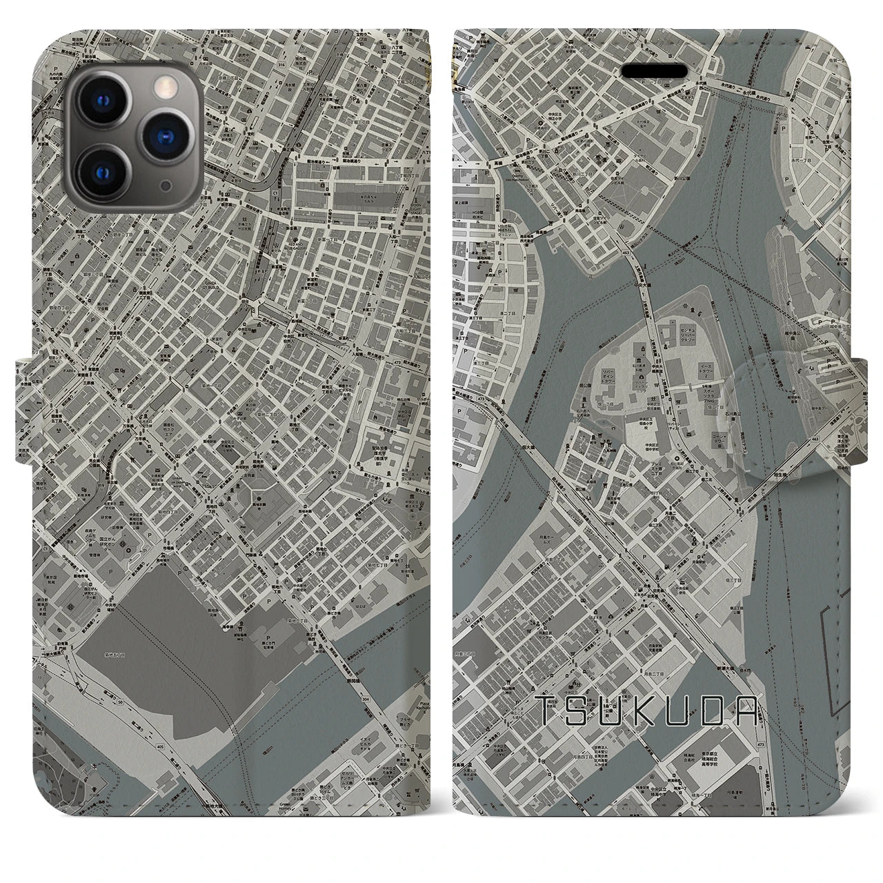 【佃】地図柄iPhoneケース（手帳両面タイプ・モノトーン）iPhone 11 Pro Max 用