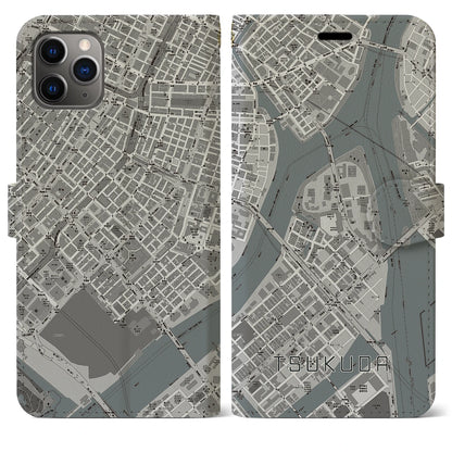 【佃（東京都）】地図柄iPhoneケース（手帳タイプ）モノトーン・iPhone 11 Pro Max 用