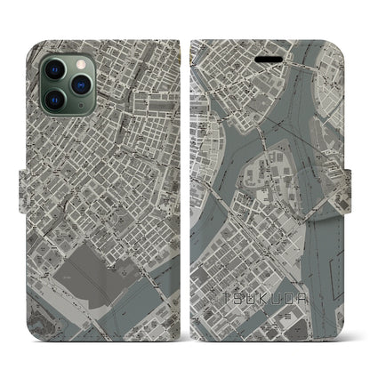 【佃（東京都）】地図柄iPhoneケース（手帳タイプ）モノトーン・iPhone 11 Pro 用