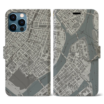 【佃（東京都）】地図柄iPhoneケース（手帳タイプ）モノトーン・iPhone 12 / 12 Pro 用
