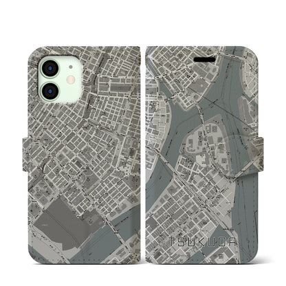 【佃（東京都）】地図柄iPhoneケース（手帳タイプ）モノトーン・iPhone 12 mini 用