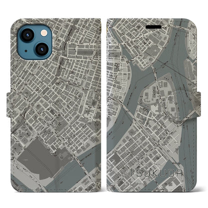 【佃（東京都）】地図柄iPhoneケース（手帳タイプ）モノトーン・iPhone 13 用