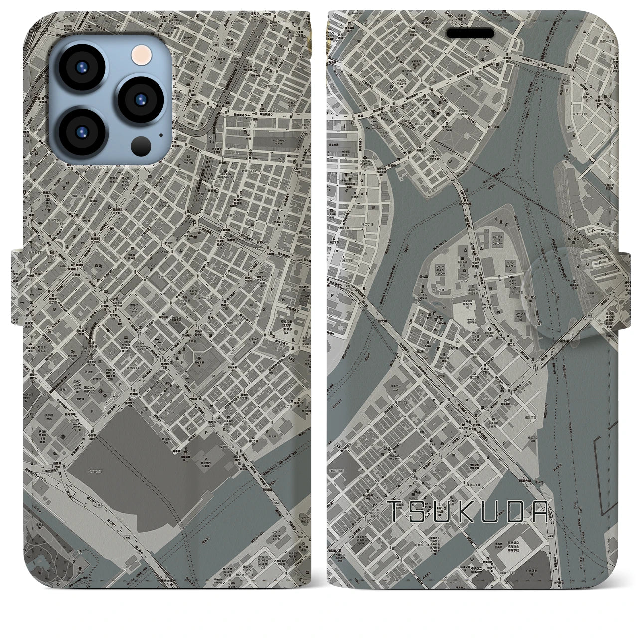 【佃】地図柄iPhoneケース（手帳両面タイプ・モノトーン）iPhone 13 Pro Max 用