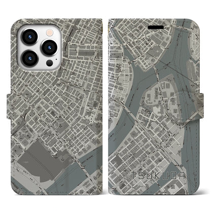 【佃（東京都）】地図柄iPhoneケース（手帳タイプ）モノトーン・iPhone 13 Pro 用