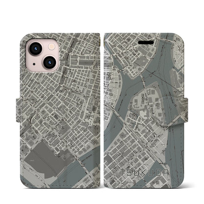 【佃（東京都）】地図柄iPhoneケース（手帳タイプ）モノトーン・iPhone 13 mini 用