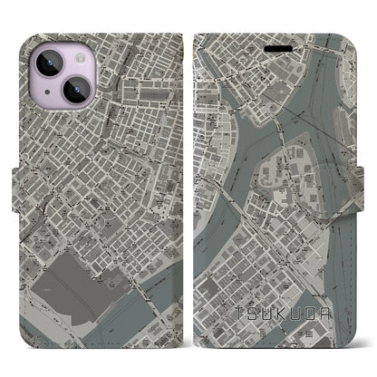 【佃（東京都）】地図柄iPhoneケース（手帳タイプ）モノトーン・iPhone 14 用