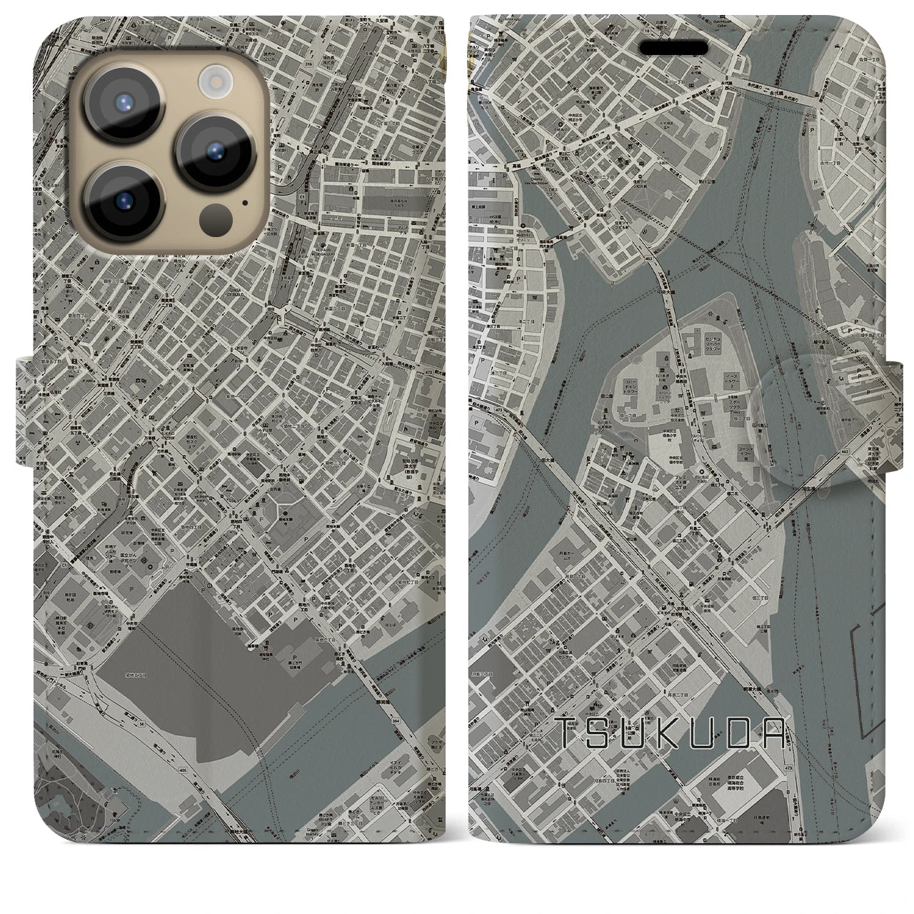 【佃】地図柄iPhoneケース（手帳両面タイプ・モノトーン）iPhone 14 Pro Max 用