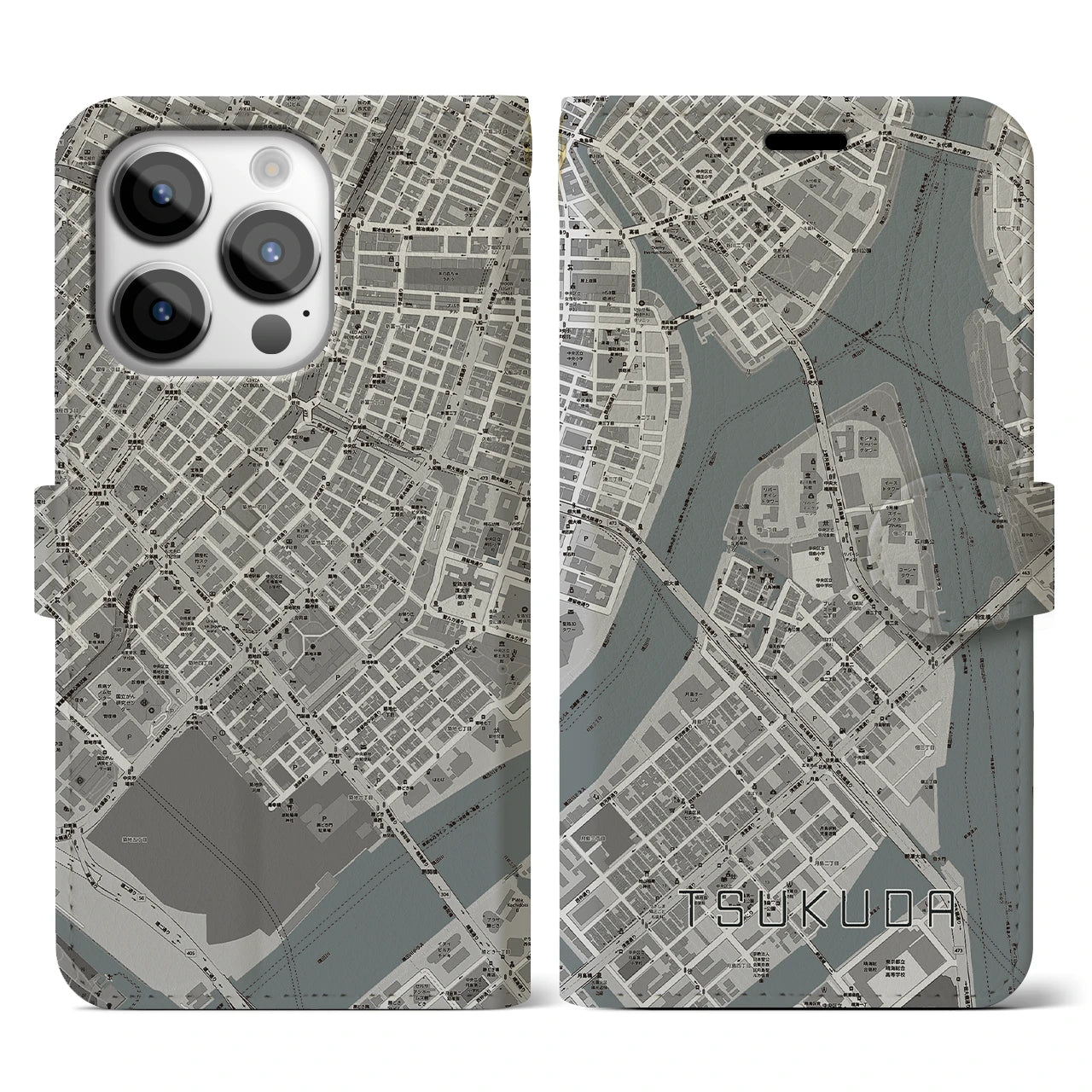 【佃】地図柄iPhoneケース（手帳両面タイプ・モノトーン）iPhone 14 Pro 用