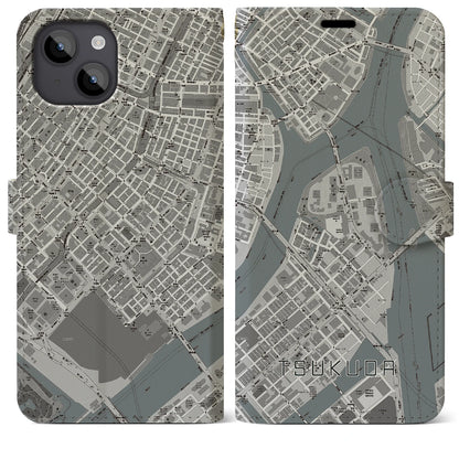 【佃（東京都）】地図柄iPhoneケース（手帳タイプ）モノトーン・iPhone 14 Plus 用