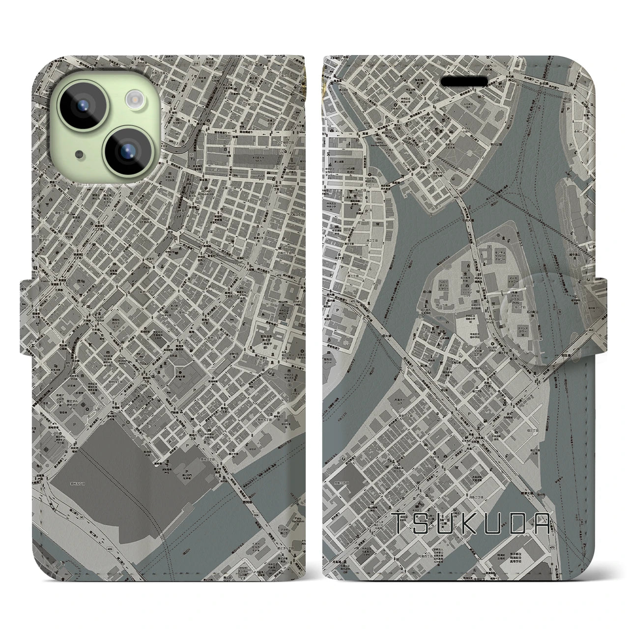 【佃】地図柄iPhoneケース（手帳両面タイプ・モノトーン）iPhone 15 用