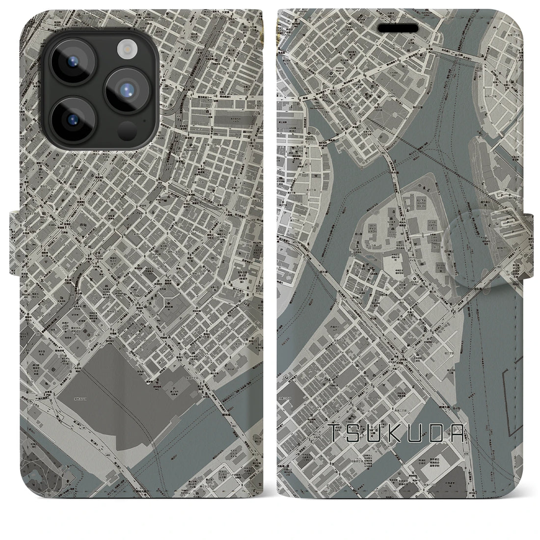 【佃】地図柄iPhoneケース（手帳両面タイプ・モノトーン）iPhone 15 Pro Max 用