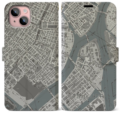 【佃（東京都）】地図柄iPhoneケース（手帳タイプ）モノトーン・iPhone 15 Plus 用