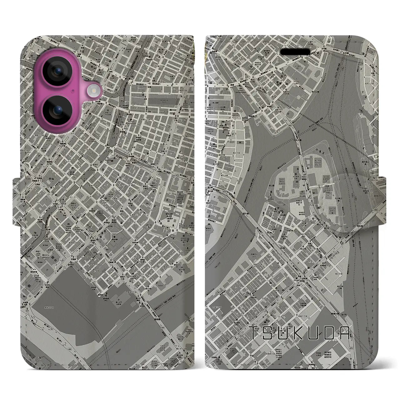 【佃（東京都）】地図柄iPhoneケース（手帳タイプ）モノトーン・iPhone 16 Pro 用