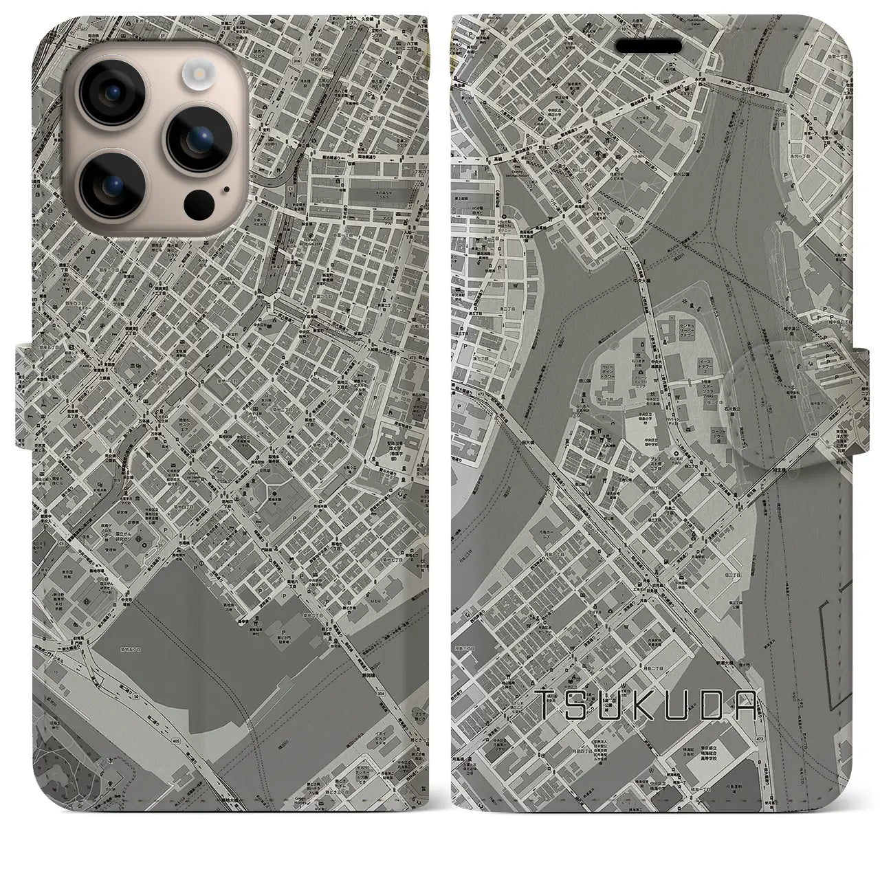 【佃（東京都）】地図柄iPhoneケース（手帳タイプ）モノトーン・iPhone 16 Plus 用