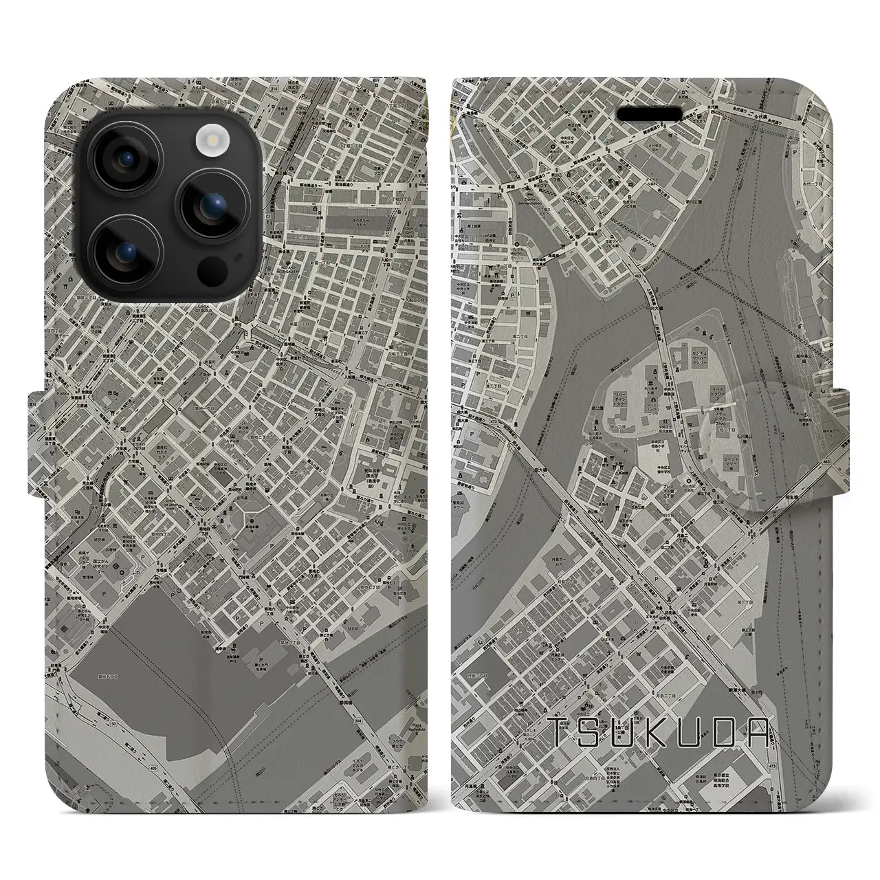 【佃（東京都）】地図柄iPhoneケース（手帳タイプ）モノトーン・iPhone 16 用