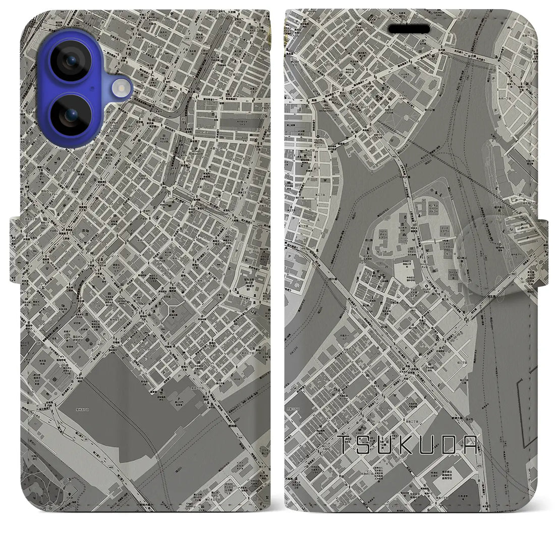 【佃(東京都)】地図柄iPhoneケース(手帳タイプ)モノトーン・iPhone 16 Pro Max 用