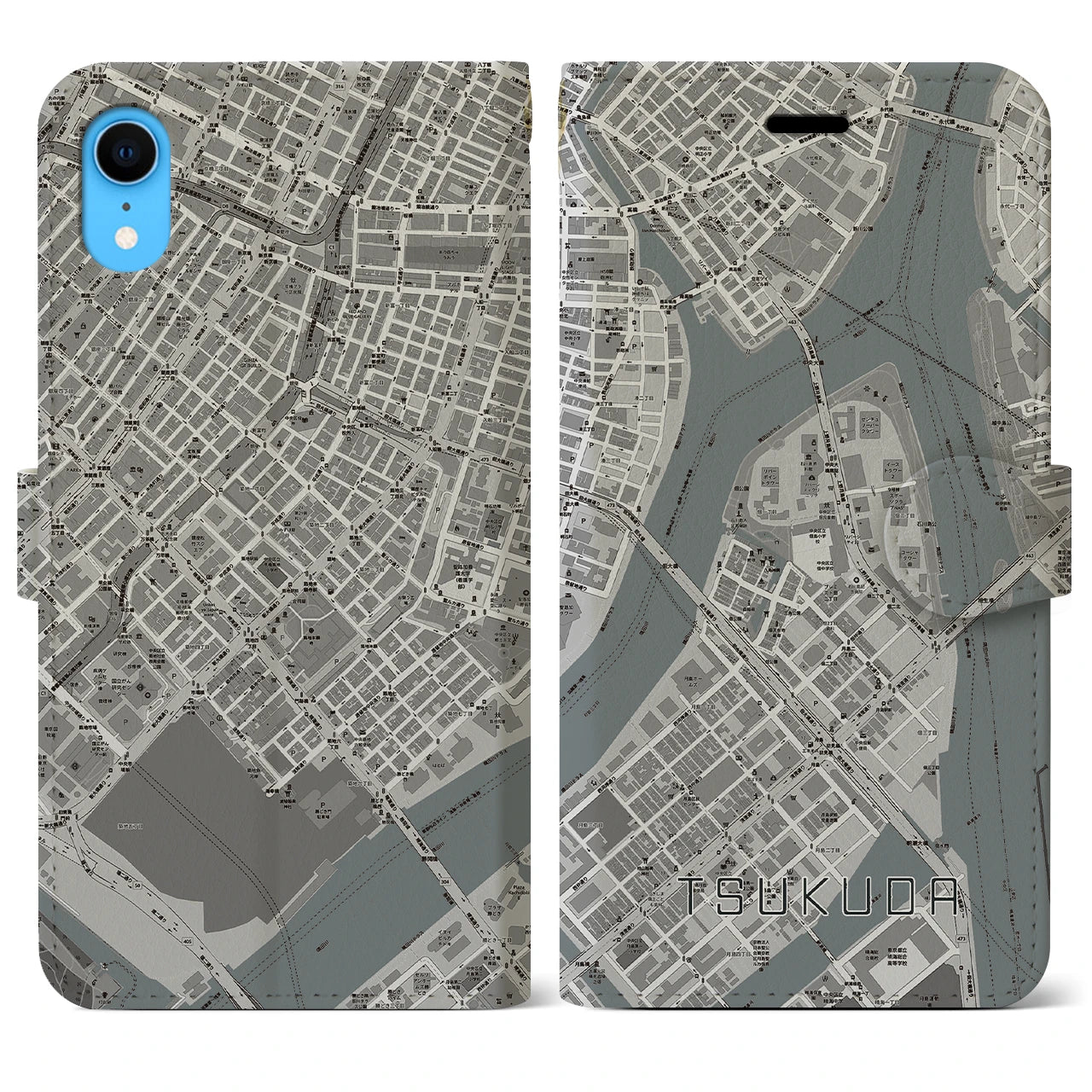 【佃】地図柄iPhoneケース（手帳両面タイプ・モノトーン）iPhone XR 用