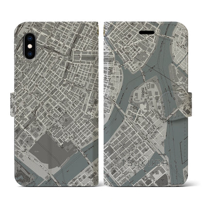 【佃（東京都）】地図柄iPhoneケース（手帳タイプ）モノトーン・iPhone XS / X 用