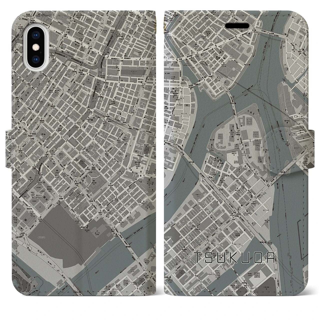 【佃】地図柄iPhoneケース（手帳両面タイプ・モノトーン）iPhone XS Max 用