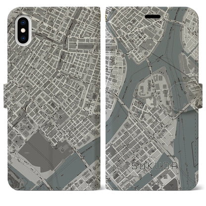 【佃（東京都）】地図柄iPhoneケース（手帳タイプ）モノトーン・iPhone XS Max 用