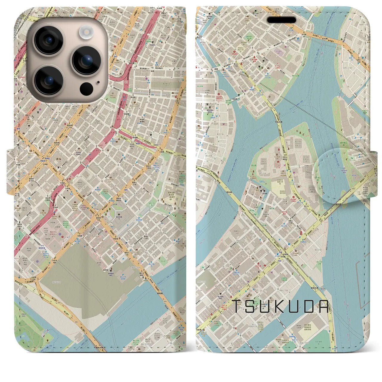 【佃（東京都）】地図柄iPhoneケース（手帳タイプ）ナチュラル・iPhone 16 Plus 用