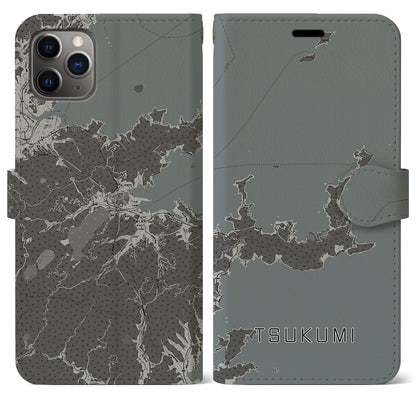 【津久見（大分県）】地図柄iPhoneケース（手帳タイプ）モノトーン・iPhone 11 Pro Max 用