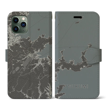 【津久見（大分県）】地図柄iPhoneケース（手帳タイプ）モノトーン・iPhone 11 Pro 用