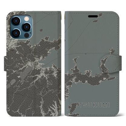 【津久見（大分県）】地図柄iPhoneケース（手帳タイプ）モノトーン・iPhone 12 / 12 Pro 用